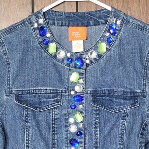 Hearts of Palm 3/4 Sleeve Rhinestone Crew Neck Denim Jacket Hook Loop Size 6P